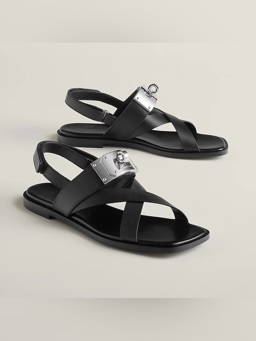 NIB Hermes Ines Sandal Kelly Lock Black Silver Open Toe H Oran - Picture 6 of 6